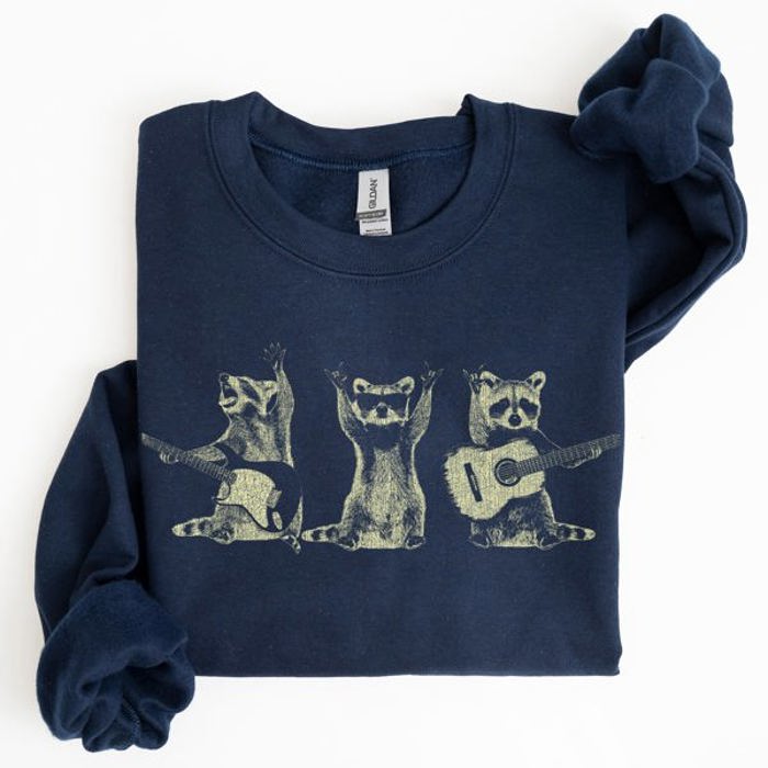 Raccoon Band Playing Guitar Funny Animals Cartoon Graphic Art Illustration Sweatshirt