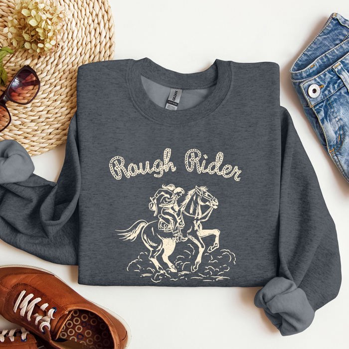 Rough Rider, Cowgirl, Horse, Rodeo Western Heritage Illustration Graphic Sweatshirt