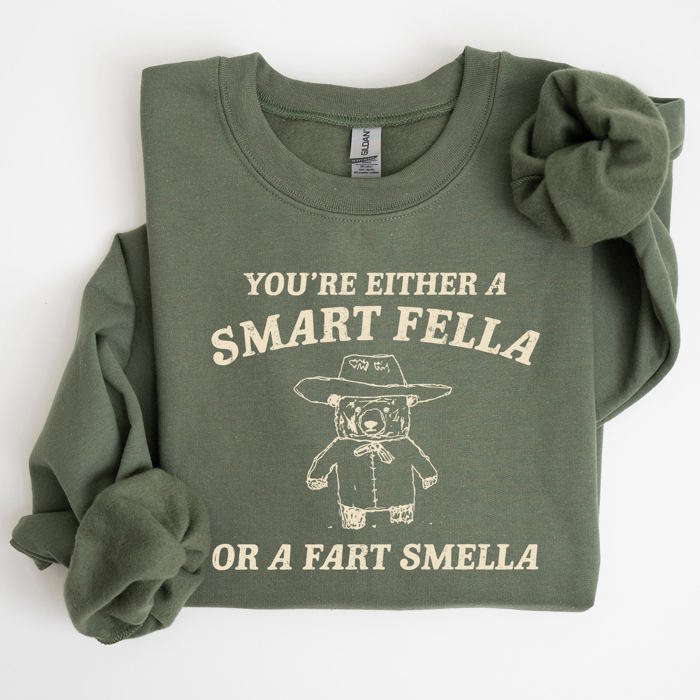 Smart Fella Fart Smeller Funny Bear Cartoon Character Whimsical Playful Bold Sweatshirt