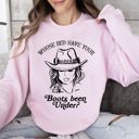 Large Light Pink Whose Bed Have Your Boots Been Under In Country Music Lyrics Western Style Sweatshirt