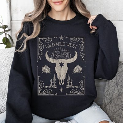 Wild Wild West Cow Skull Rose Western Country Frontier Spirit Living Ranch Heritage Sweatshirt
