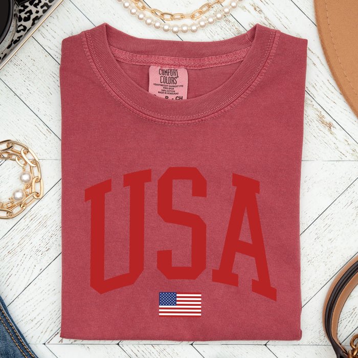 USA Flag Patriotic American Pride Print Emblem With Bold Stars And Stripes Across The Banner Comfort Colors Tee