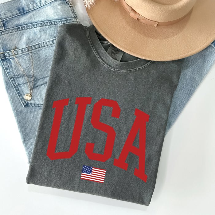 USA Flag Patriotic American Pride Print Emblem With Bold Stars And Stripes Across The Banner Comfort Colors Tee