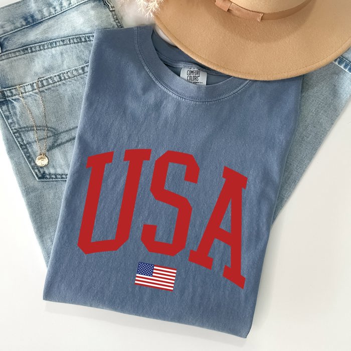 USA Flag Patriotic American Pride Print Emblem With Bold Stars And Stripes Across The Banner Comfort Colors Tee