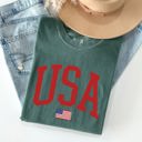 XXL Blue Spruce Green USA Flag Patriotic American Pride Print Emblem With Bold Stars And Stripes Across The Banner Comfort Colors Tee
