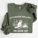 Medium Military Green It's Never Too Late To Give Up Raccoon Graphic Illustration Cozy Thermal Sweatshirt