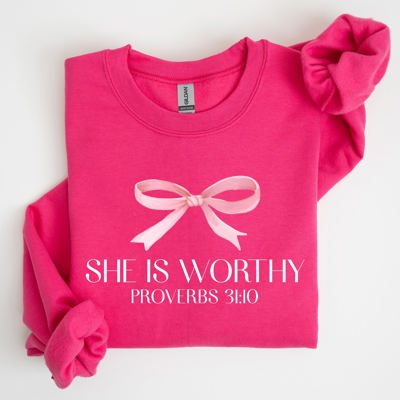 She Is Worthy Bible Verse Christmas Bow Pink Proverbs Soft Girl Era Inspirational Sweatshirt