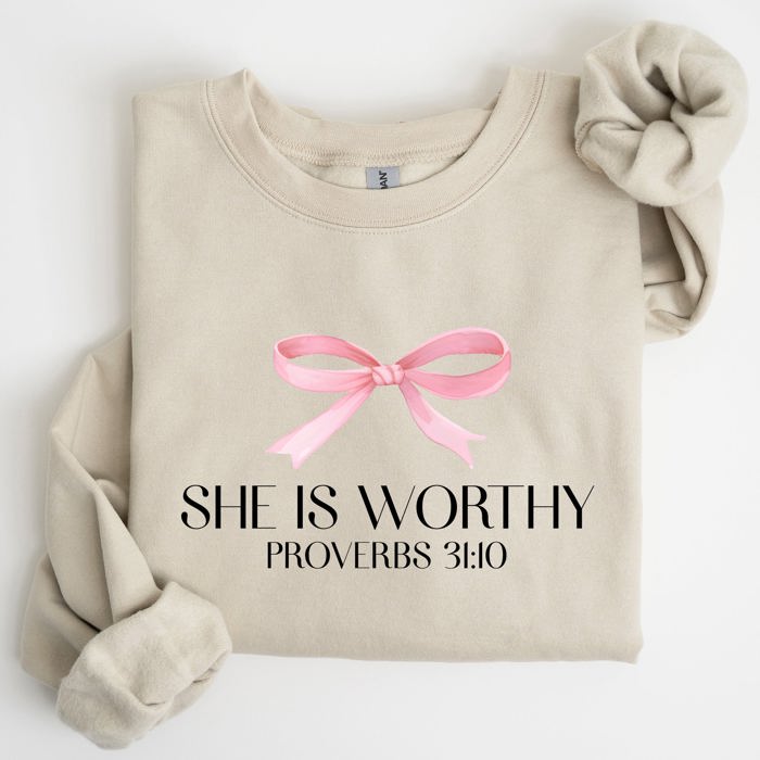 She Is Worthy Bible Verse Christmas Bow Pink Proverbs Soft Girl Era Inspirational Sweatshirt