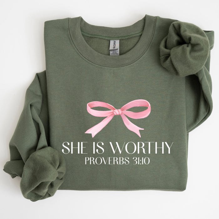She Is Worthy Bible Verse Christmas Bow Pink Proverbs Soft Girl Era Inspirational Sweatshirt