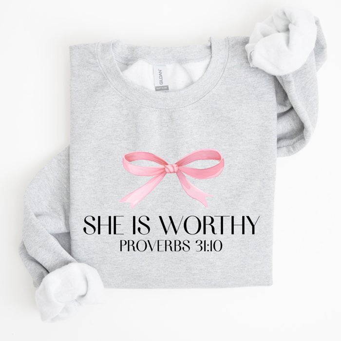She Is Worthy Bible Verse Christmas Bow Pink Proverbs Soft Girl Era Inspirational Sweatshirt