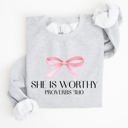 XL Ash Light Gray She Is Worthy Bible Verse Christmas Bow Pink Proverbs Soft Girl Era Inspirational Sweatshirt