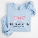 Large Light Blue She Is Worthy Bible Verse Christmas Bow Pink Proverbs Soft Girl Era Inspirational Sweatshirt