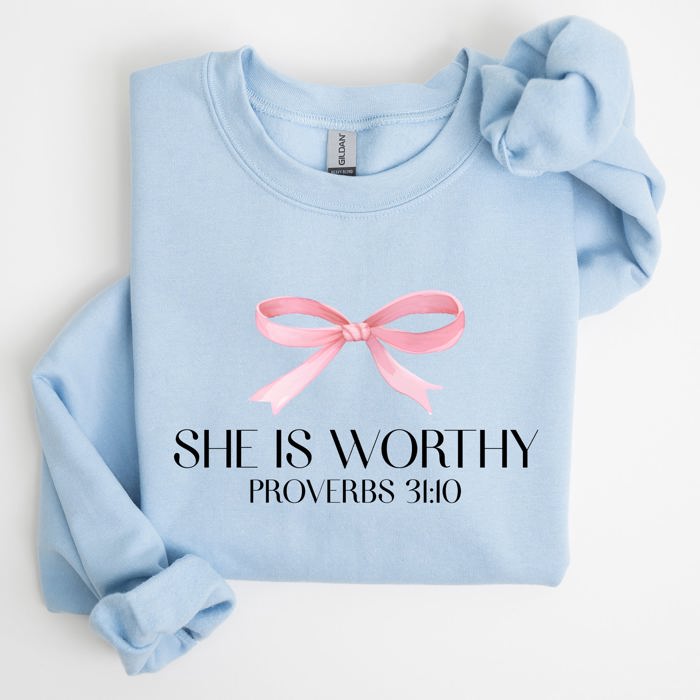 She Is Worthy Bible Verse Christmas Bow Pink Proverbs Soft Girl Era Inspirational Sweatshirt