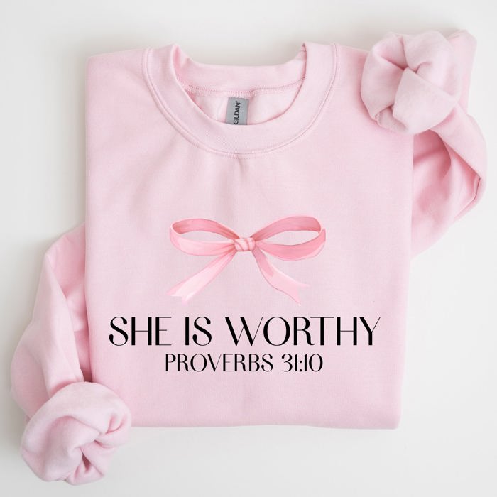 She Is Worthy Bible Verse Christmas Bow Pink Proverbs Soft Girl Era Inspirational Sweatshirt