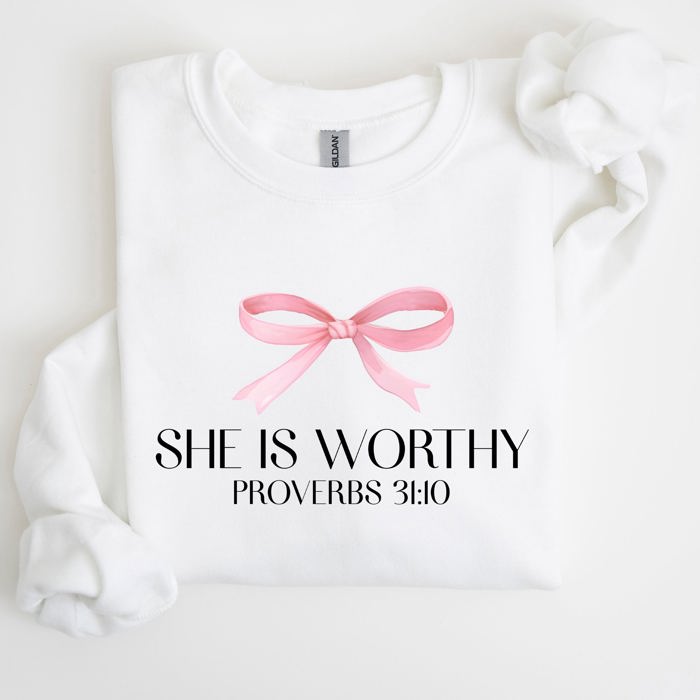 She Is Worthy Bible Verse Christmas Bow Pink Proverbs Soft Girl Era Inspirational Sweatshirt