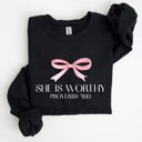 XL Black She Is Worthy Bible Verse Christmas Bow Pink Proverbs Soft Girl Era Inspirational Sweatshirt