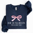 Large Navy She Is Worthy Bible Verse Christmas Bow Pink Proverbs Soft Girl Era Inspirational Sweatshirt