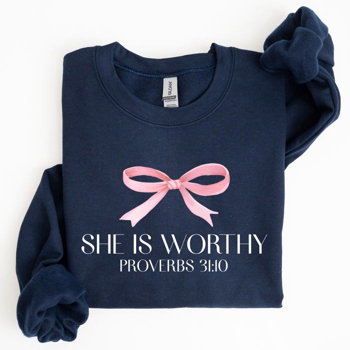 She Is Worthy Bible Verse Christmas Bow Pink Proverbs Soft Girl Era Inspirational Sweatshirt