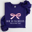 Large Purple She Is Worthy Bible Verse Christmas Bow Pink Proverbs Soft Girl Era Inspirational Sweatshirt