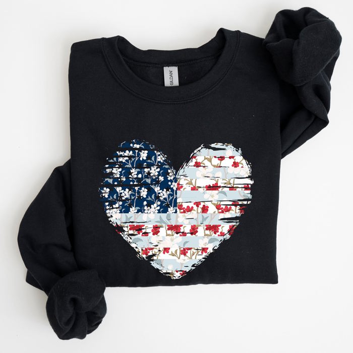 Floral Patriotic Heart Flag USA Stars Stripes Ethereal Garden Collection Sweatshirt