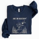 Medium Navy He Is Rizzin Basketball Jesus Easter Humorous Hoop Faithful Inspirational Quote Sweatshirt