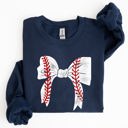 Medium Navy Baseball Bow Mom Mother's Day Cozy Vintage Style Soft Brushed Fleece Premium Sweatshirt