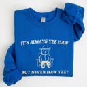 Small Royal Blue It's Always Yee Haw Bear Meme Aesthetic Funny Graphic Cozy Vintage Style Sweatshirt