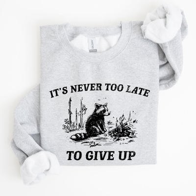 It's Never Too Late To Give Up Raccoon Meme Design For Laughs And Everyday Quirk Sweatshirt