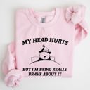 XL Light Pink My Head Hurts Bear Sick Meme Aesthetic Funny Graphic Premium Soft Cotton Sweatshirt