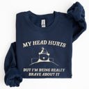 XL Navy My Head Hurts Bear Sick Meme Aesthetic Funny Graphic Premium Soft Cotton Sweatshirt