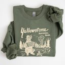 XXL Military Green Retro Yellowstone National Park Bear Chipmunk Nature Landscape Illustration Sweatshirt