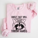 XL Light Pink Sweet But Will Throw Hands Raccoon Illustration Expression Of Attitude And Sass Graphic Sweatshirt