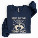 Large Navy Sweet But Will Throw Hands Raccoon Illustration Expression Of Attitude And Sass Graphic Sweatshirt