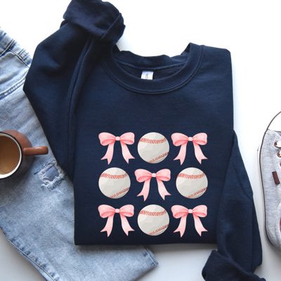 Baseball Pink Bows Mother Mama Sports Coquette Vintage Inspired Cozy Heartfelt Fan Mom Sweatshirt