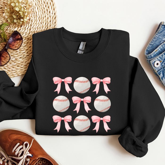 Baseball Pink Bows Mother Mama Sports Coquette Vintage Inspired Cozy Heartfelt Fan Mom Sweatshirt