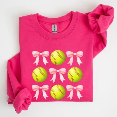 Softball Pink Bows Sports Coquette Vintage Inspired Soft Touch Cozy Fleece Sweatshirt