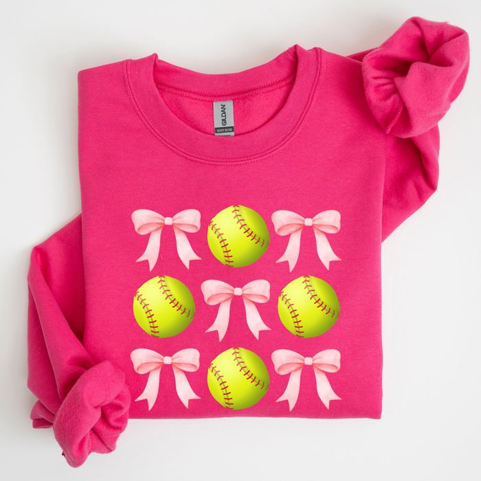 Softball Pink Bows Sports Coquette Vintage Inspired Soft Touch Cozy Fleece Sweatshirt