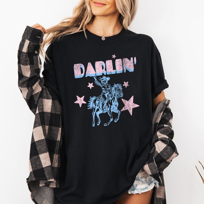 Darlin' Cowgirl Vintage Festival Western Horse Americana Charm Nostalgic Style Comfort Colors Tee