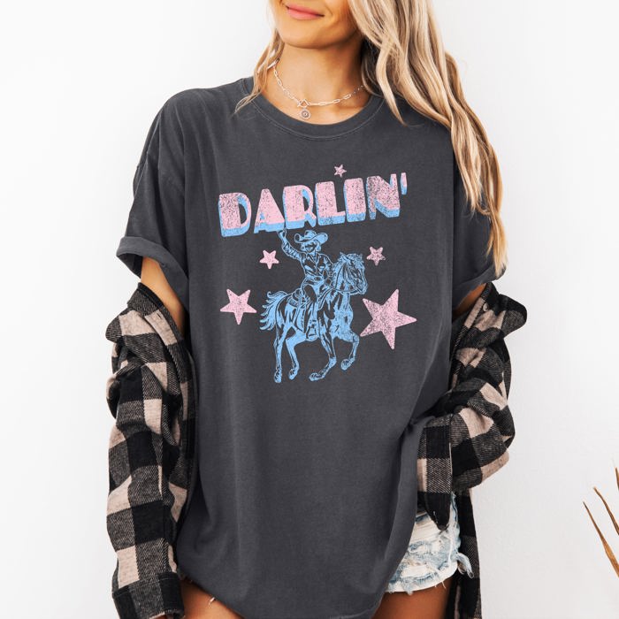 Darlin' Cowgirl Vintage Festival Western Horse Americana Charm Nostalgic Style Comfort Colors Tee