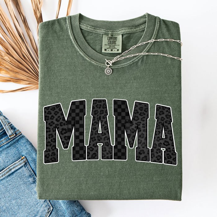 Mama Black Leopard And Checkered Pattern Motif Celebrating Mom Life For Everyday Wear Comfort Colors Tee