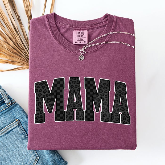 Mama Black Leopard And Checkered Pattern Motif Celebrating Mom Life For Everyday Wear Comfort Colors Tee