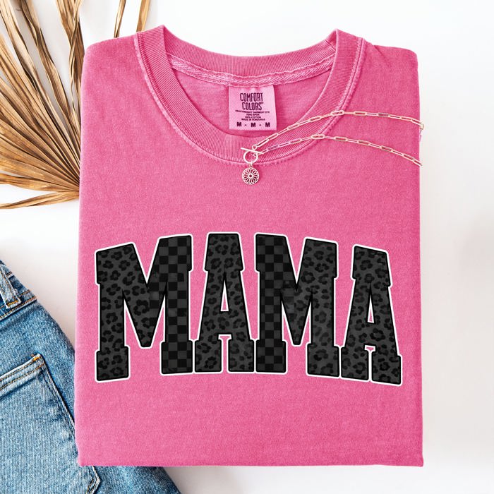 Mama Black Leopard And Checkered Pattern Motif Celebrating Mom Life For Everyday Wear Comfort Colors Tee