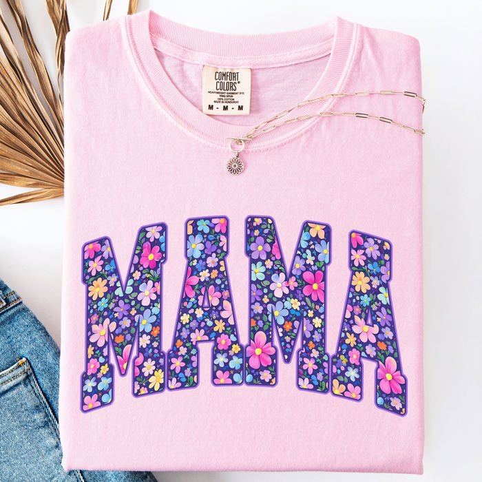 Mama Bright Flowers Varsity Colorful Mother's Day Floral Celebration Design Comfort Colors Tee