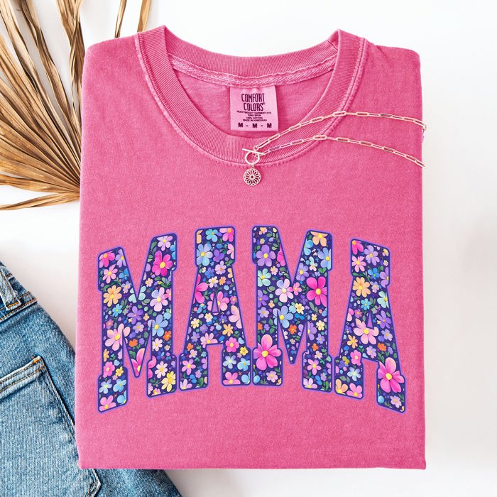 Mama Bright Flowers Varsity Colorful Mother's Day Floral Celebration Design Comfort Colors Tee