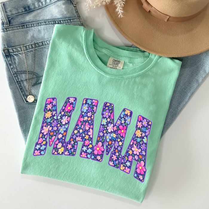 Mama Bright Flowers Varsity Colorful Mother's Day Floral Celebration Design Comfort Colors Tee