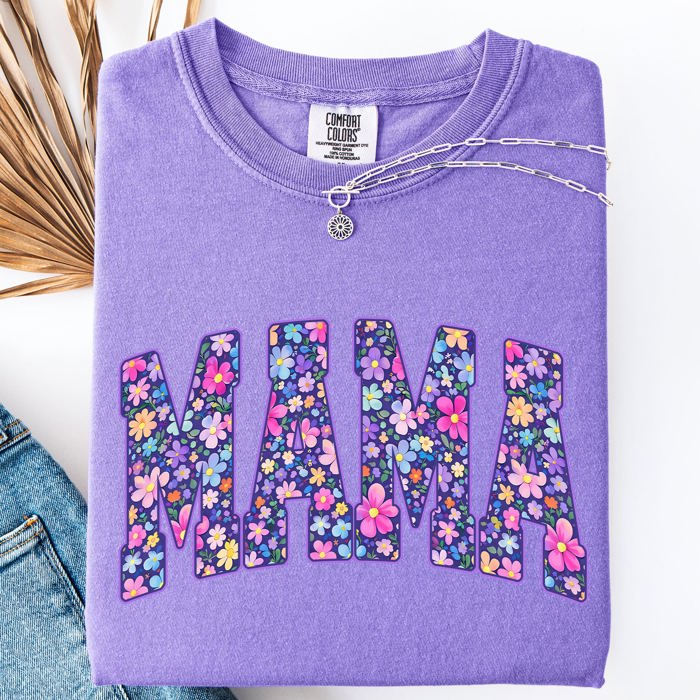 Mama Bright Flowers Varsity Colorful Mother's Day Floral Celebration Design Comfort Colors Tee