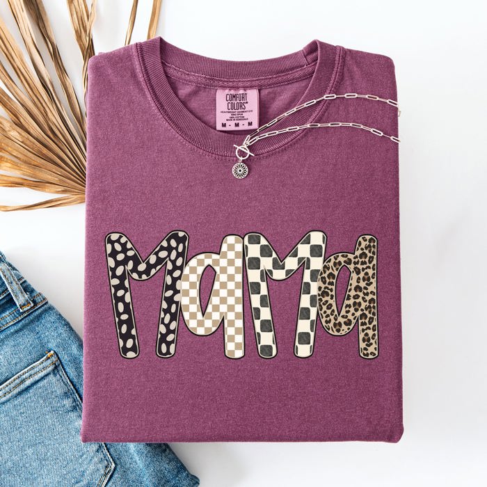 Mama Leopard Print Checkered Pattern Bold Everyday Mom Life Signature Comfort Colors Tee