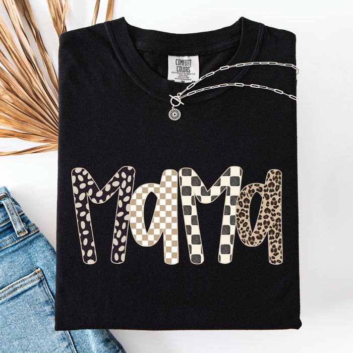 Mama Leopard Print Checkered Pattern Bold Everyday Mom Life Signature Comfort Colors Tee