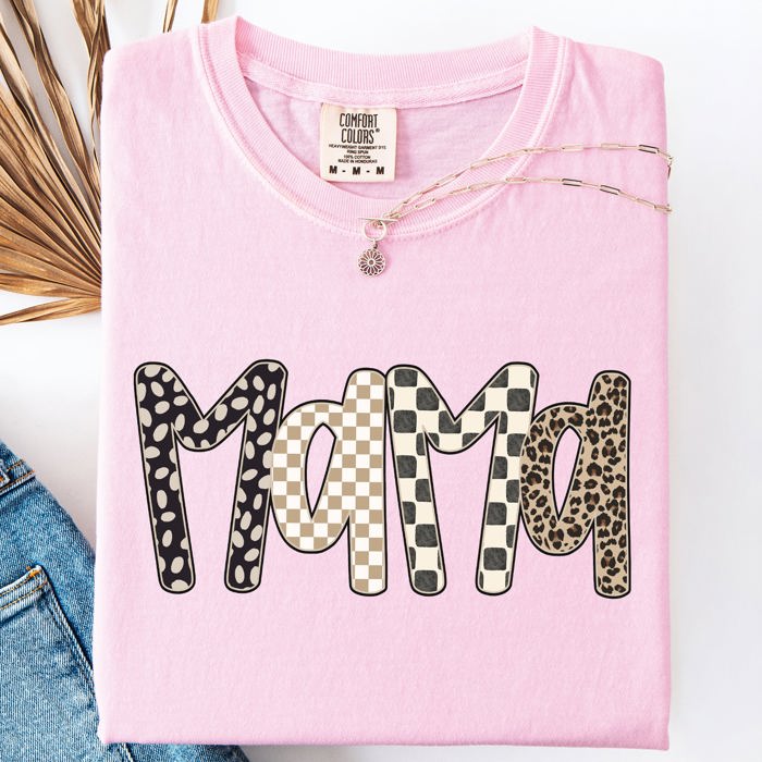 Mama Leopard Print Checkered Pattern Bold Everyday Mom Life Signature Comfort Colors Tee