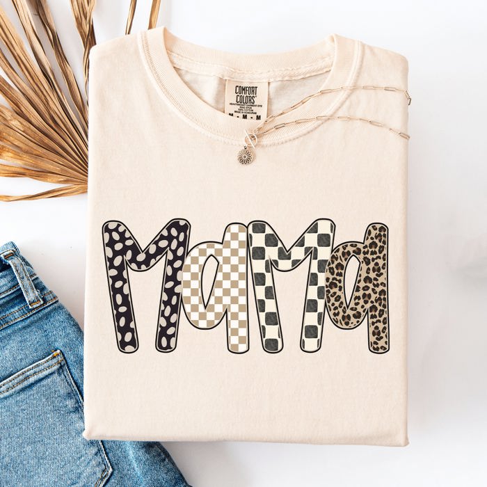 Mama Leopard Print Checkered Pattern Bold Everyday Mom Life Signature Comfort Colors Tee